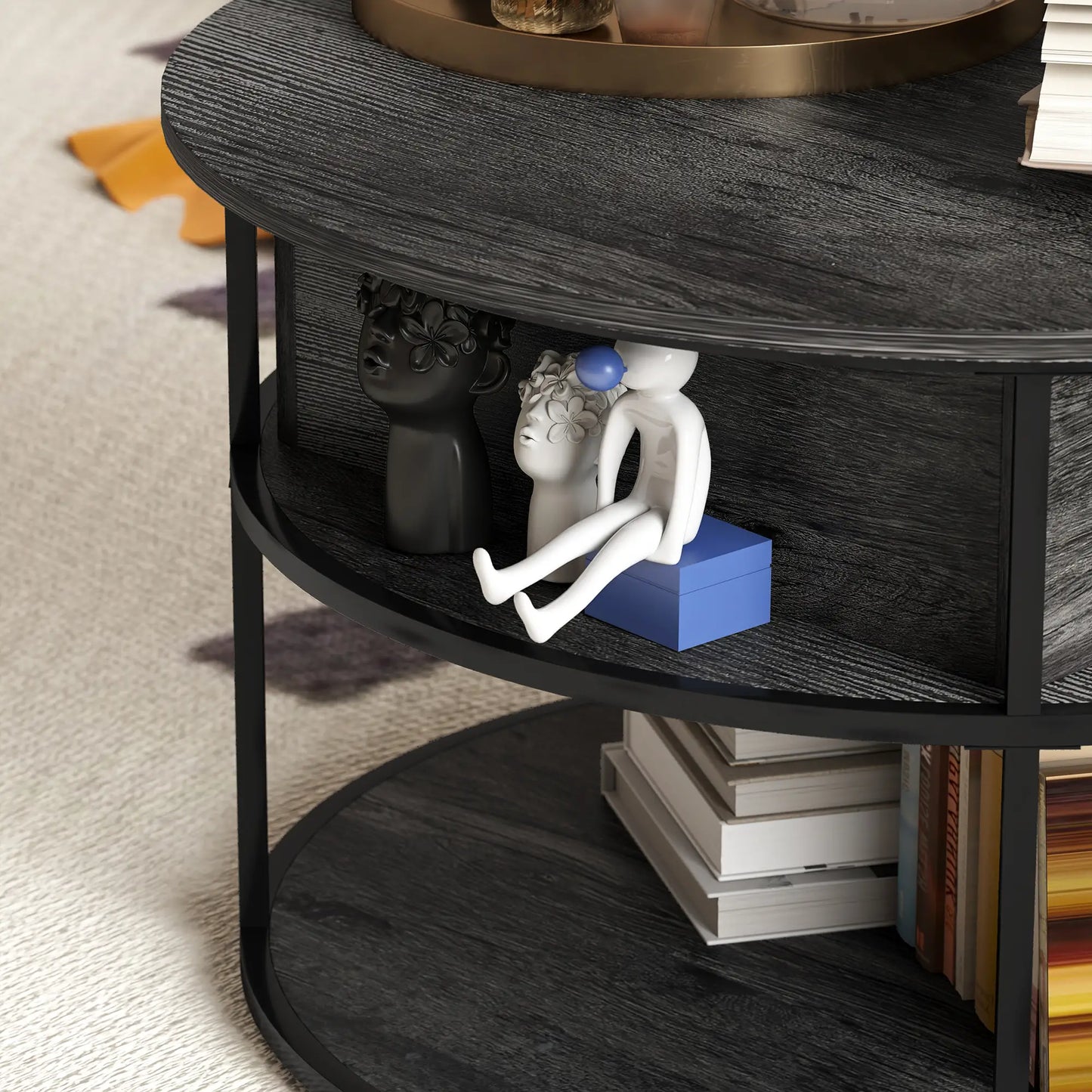 Round Lift Top Coffee Table, Storage Shelf, Hidden Compartment, Steel Frame, Distressed, Dark Grey Coffee Tables at Gallery Canada