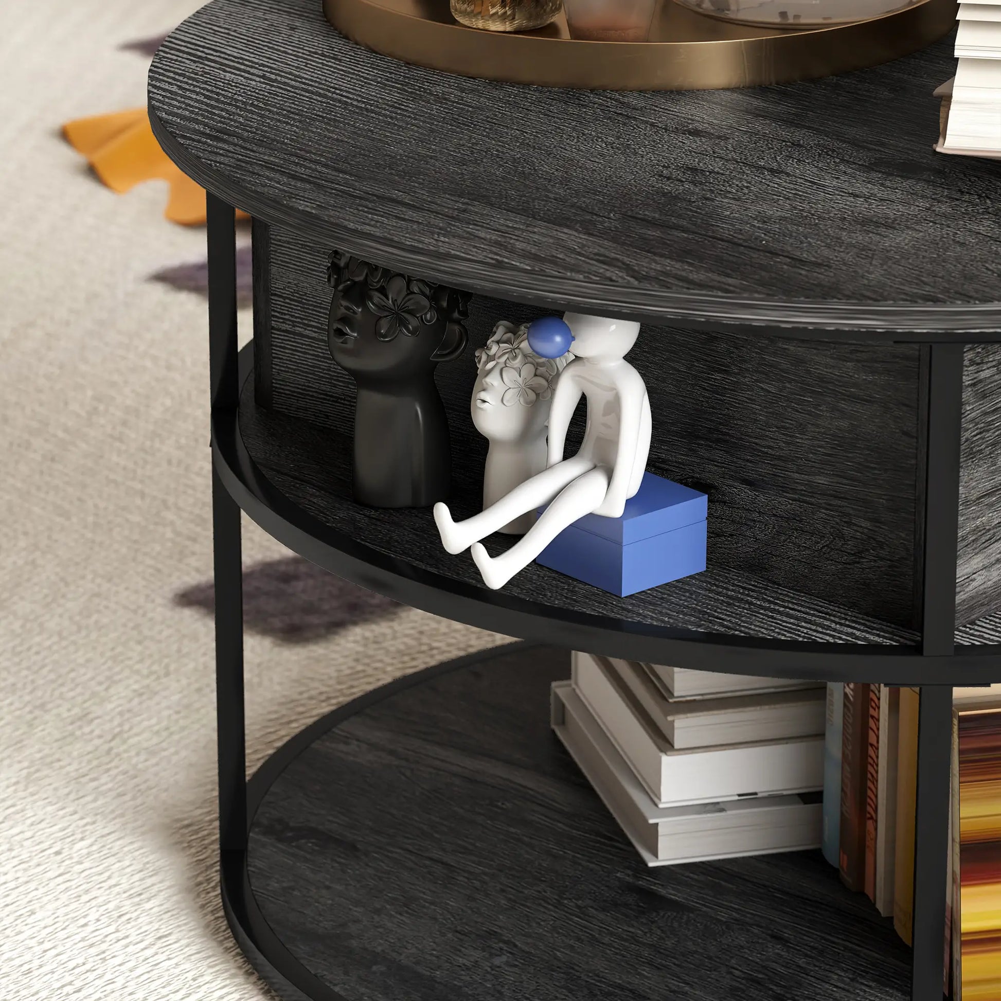 Round Lift Top Coffee Table, Storage Shelf, Hidden Compartment, Steel Frame, Distressed, Dark Grey Coffee Tables at Gallery Canada