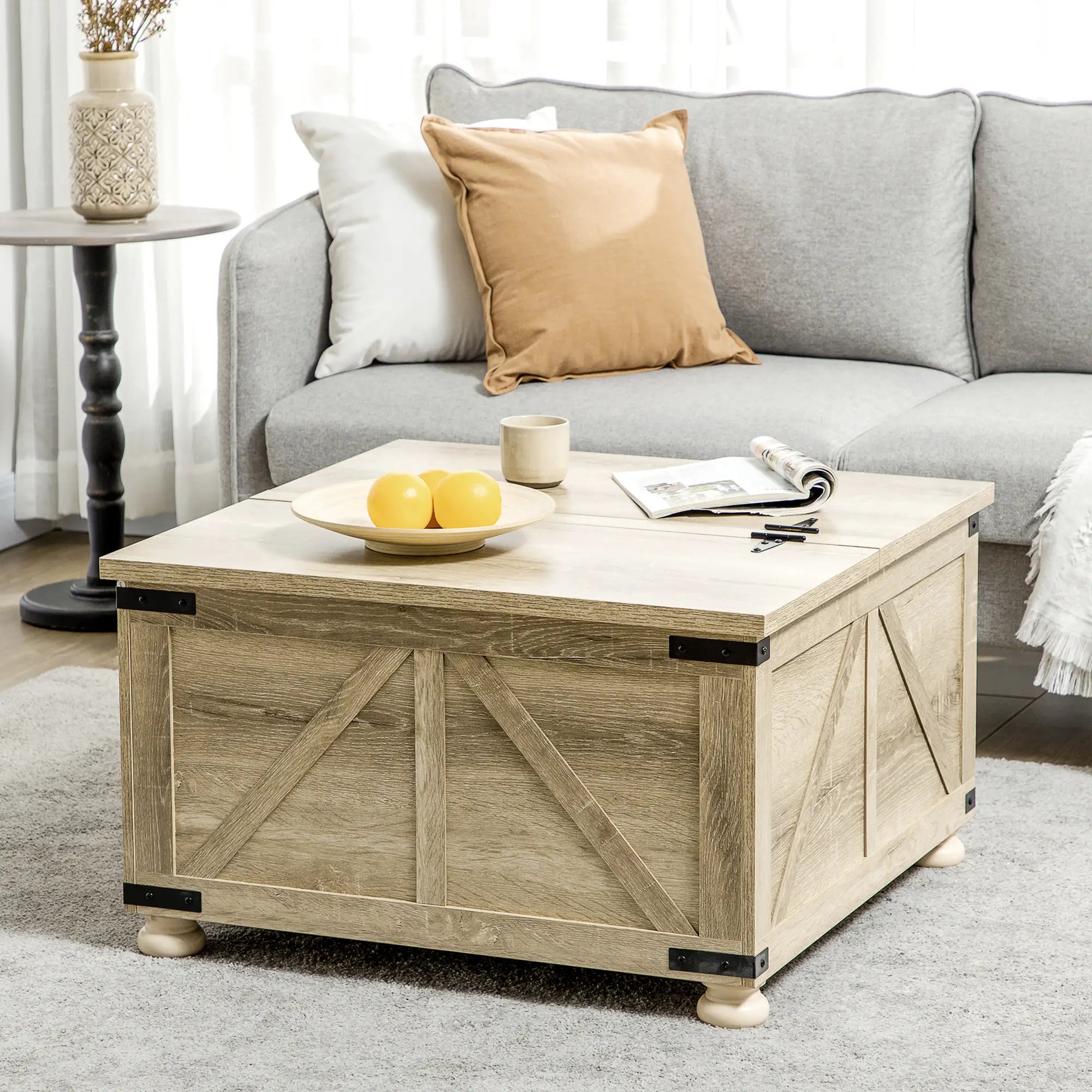 Farmhouse Coffee Table, Square Flip-Top Lid, Hidden Storage, Oak Coffee Tables at Gallery Canada