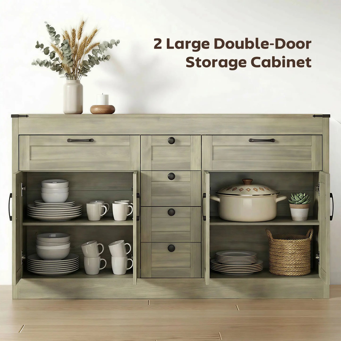 55" Farmhouse Sideboard Buffet Cabinet, 4 Barn Doors, 6 Drawers, Grey Bar Cabinets at Gallery Canada
