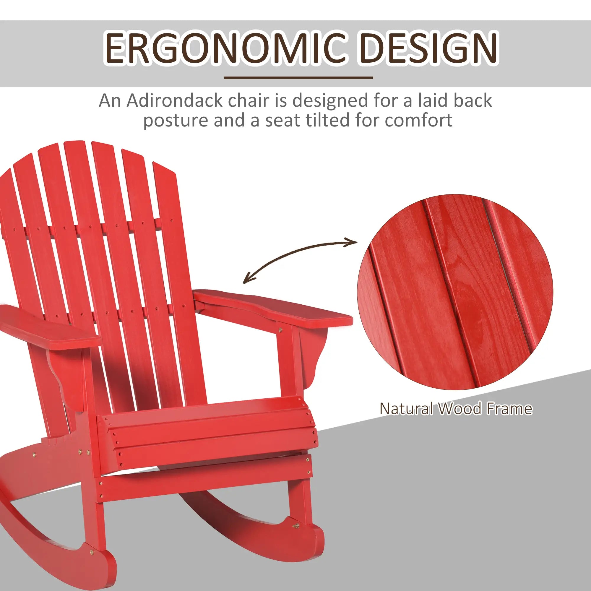 Wooden Adirondack Rocking Chair, Slatted Design, Fanned Back, Rustic, Red Outdoor Rocking Chairs at Gallery Canada
