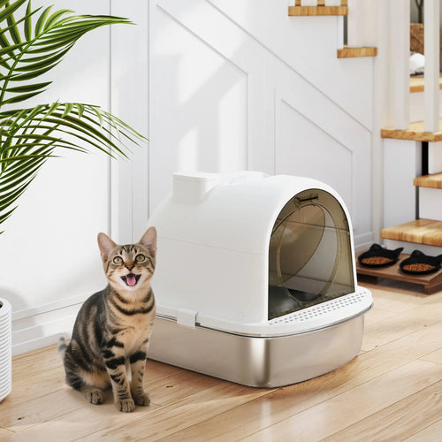 Enclosed Stainless Steel Litter Box, Metal, with Scoop, Deodorizer Bag, Handle