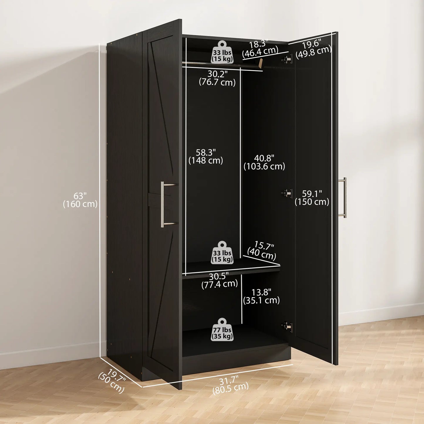 Barn Door Wardrobe Cabinet, 2 Doors With Hanging Rod, Wood Effect, Black