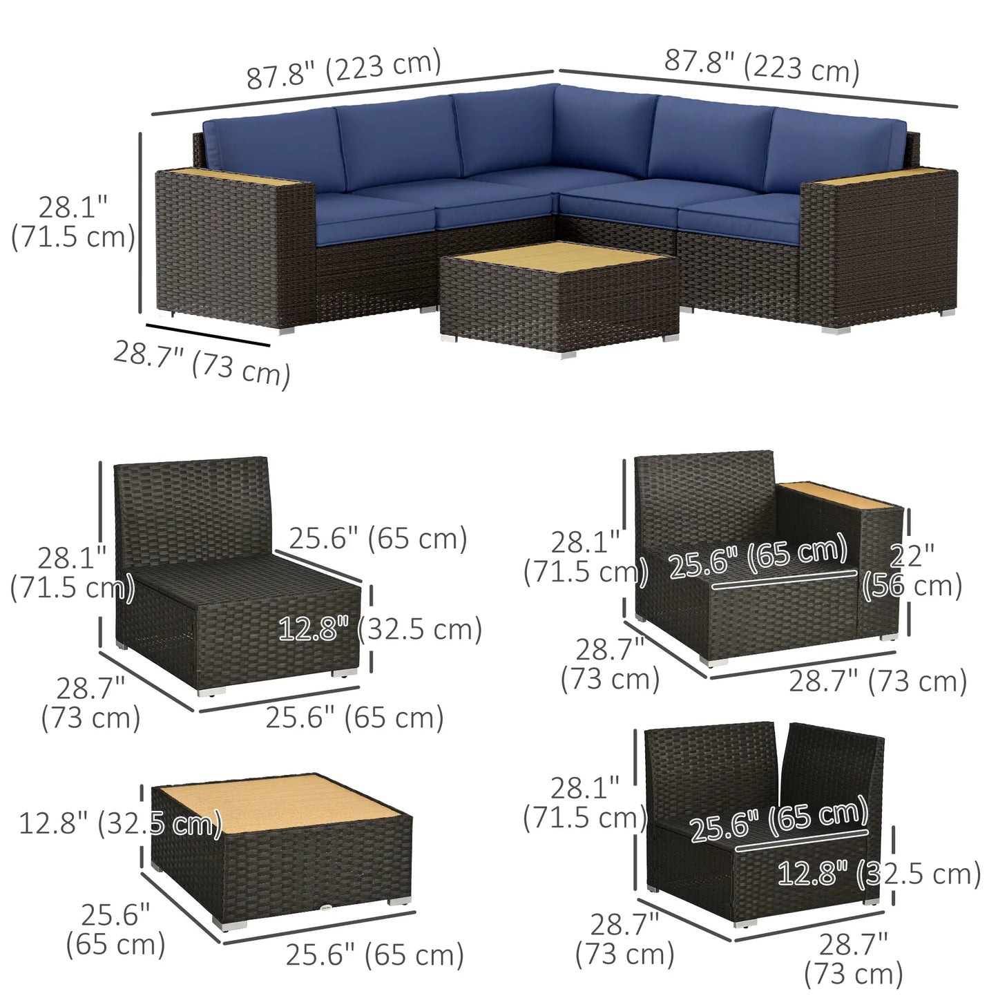 6-Piece Outdoor Rattan Patio Set, Corner Sofa, Wood-Plastic Table, Navy Blue Patio Furniture Sets at Gallery Canada