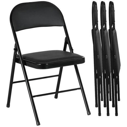 Set of 4 Metal Foldable Chairs, PU Leather Padded, Black