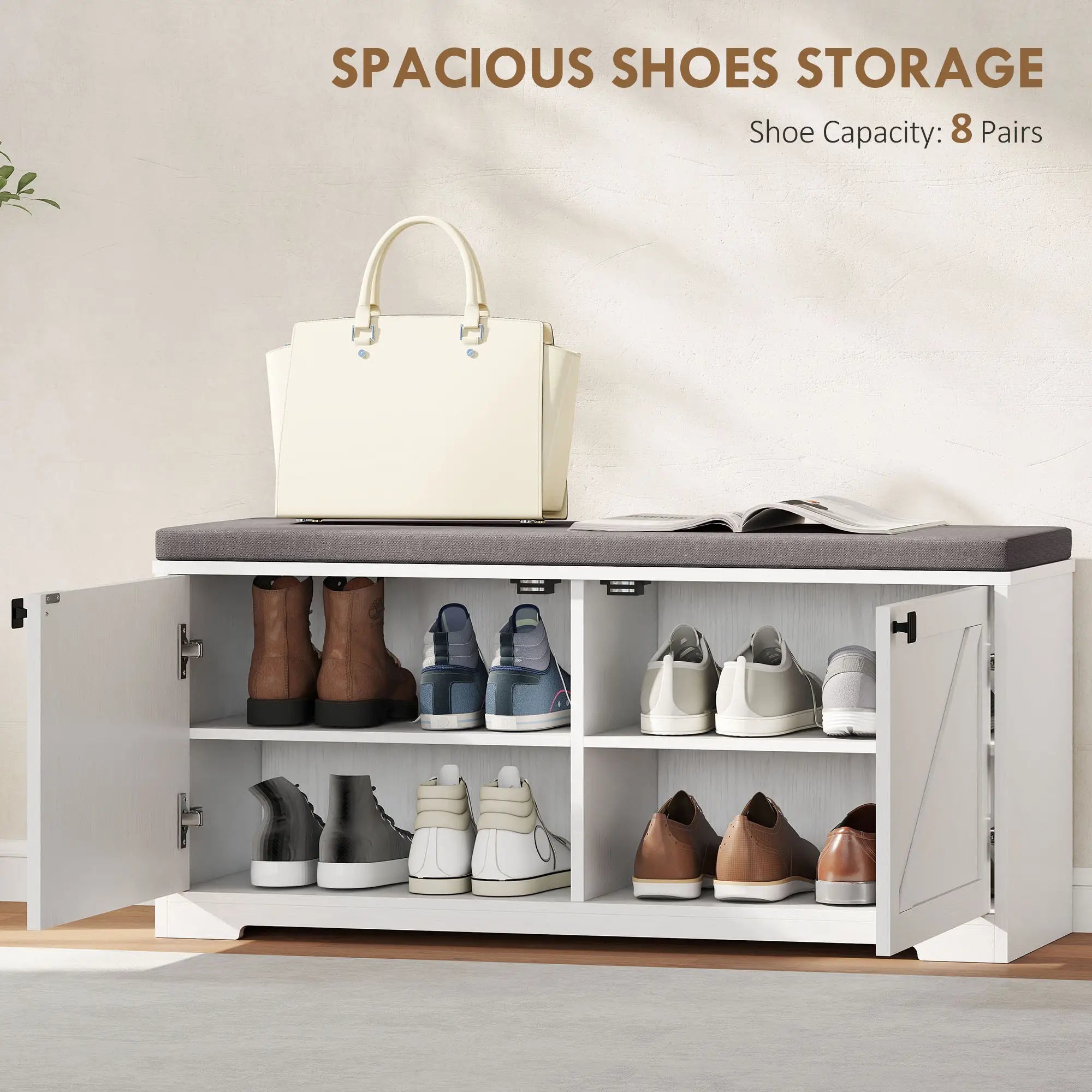 Shoe Storage Bench with Padded Seat, 8 Pairs, White Wood Grain, White Shoe Storage Cabinets & Racks at Gallery Canada