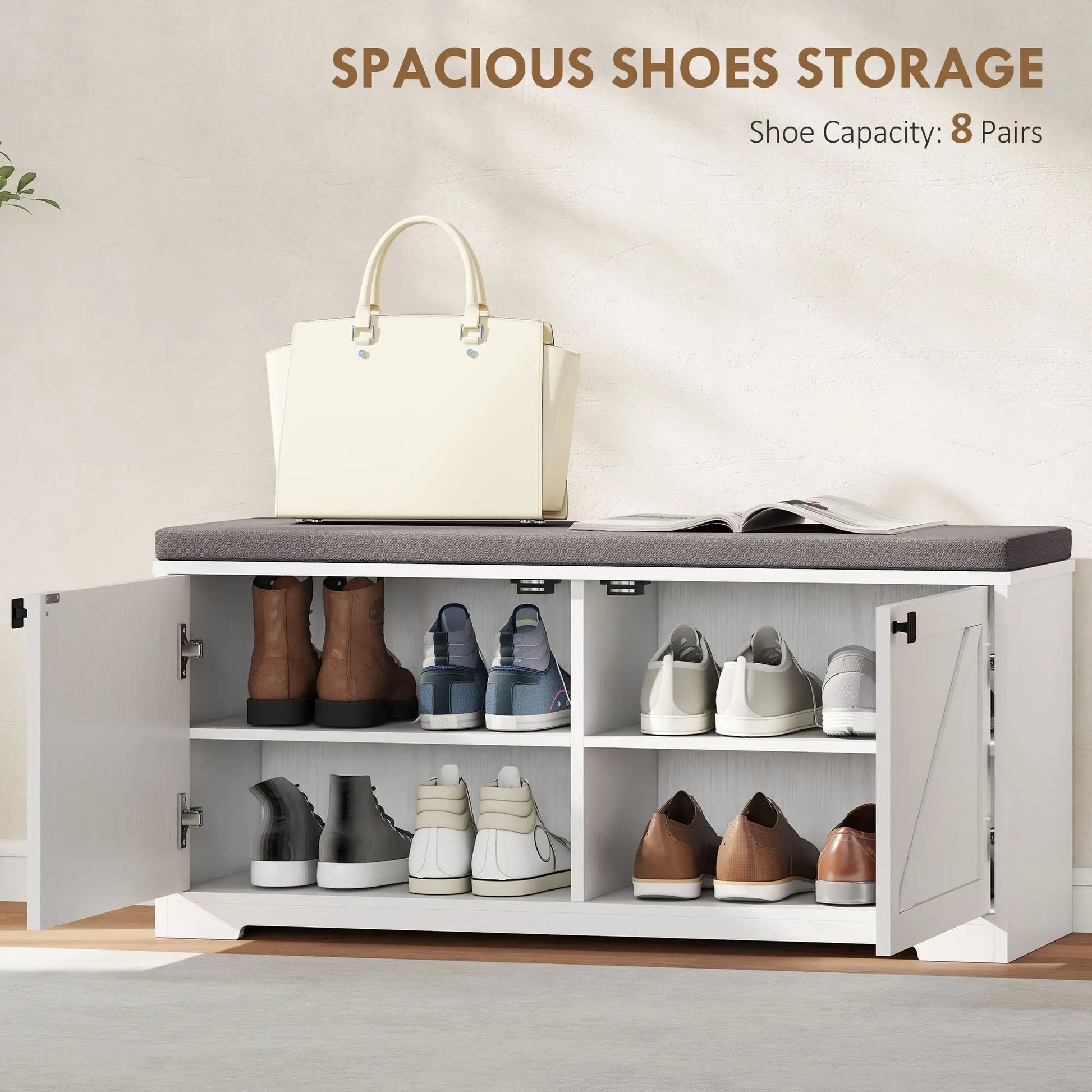Shoe Storage Bench with Padded Seat, 8 Pairs, White Wood Grain, White Shoe Storage Cabinets & Racks at Gallery Canada