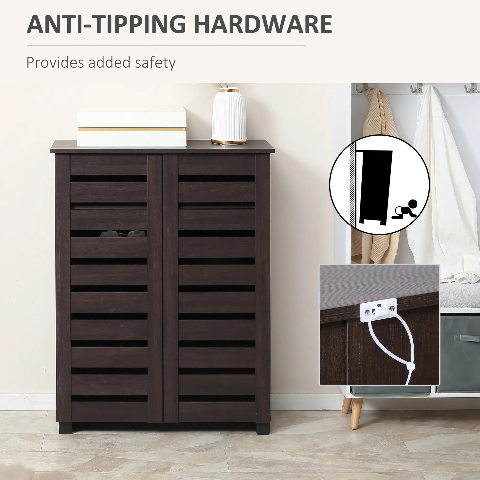 Narrow Shoe Cabinet, 2 Slatted Doors, Adjustable Shelves, Holds 15 Pairs, Dark Brown Shoe Storage Cabinets & Racks at Gallery Canada