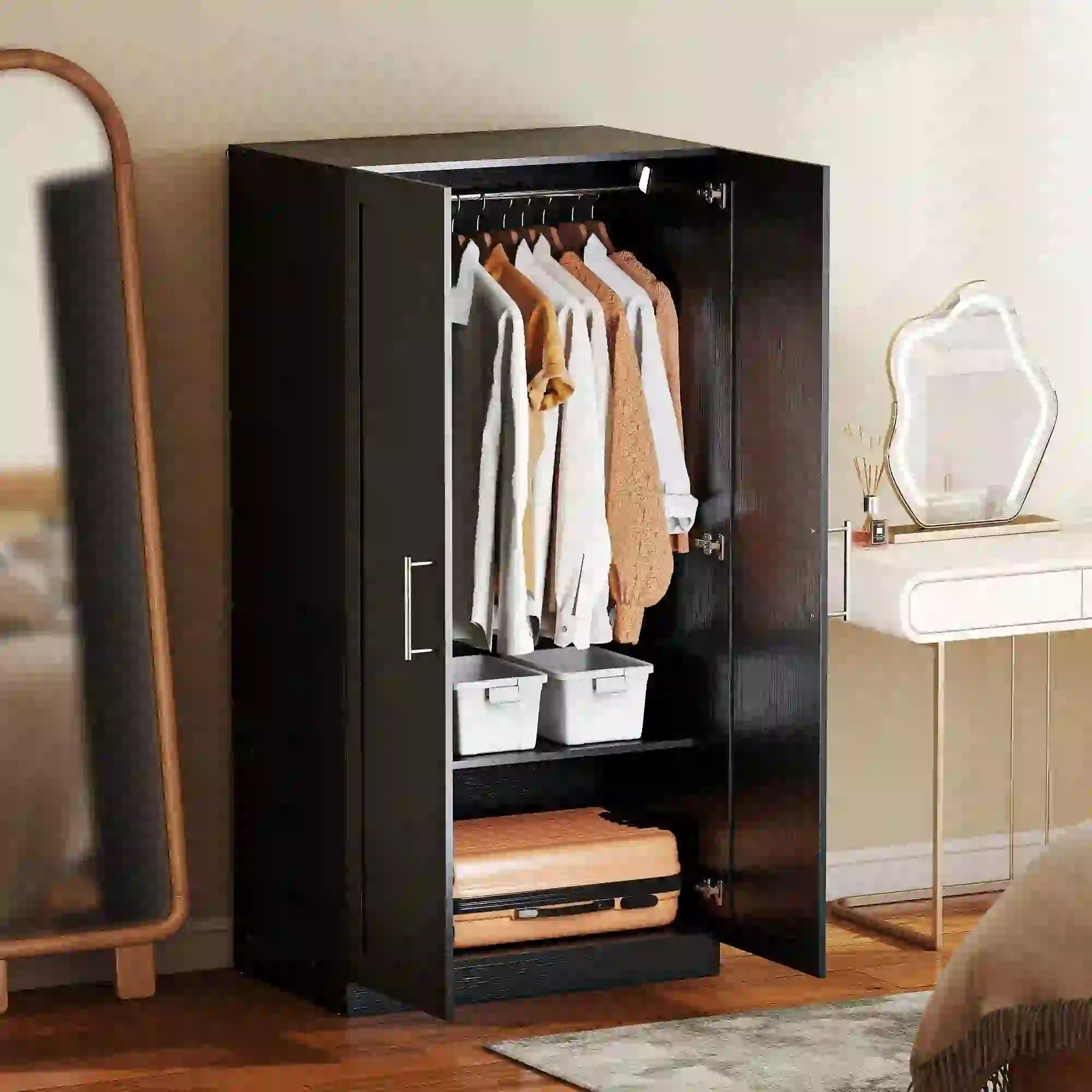 Modern Armoire Wardrobe Cabinet, 2 Doors With Hanging Rod, Black Wood Effect, Black Clothing Storage at Gallery Canada