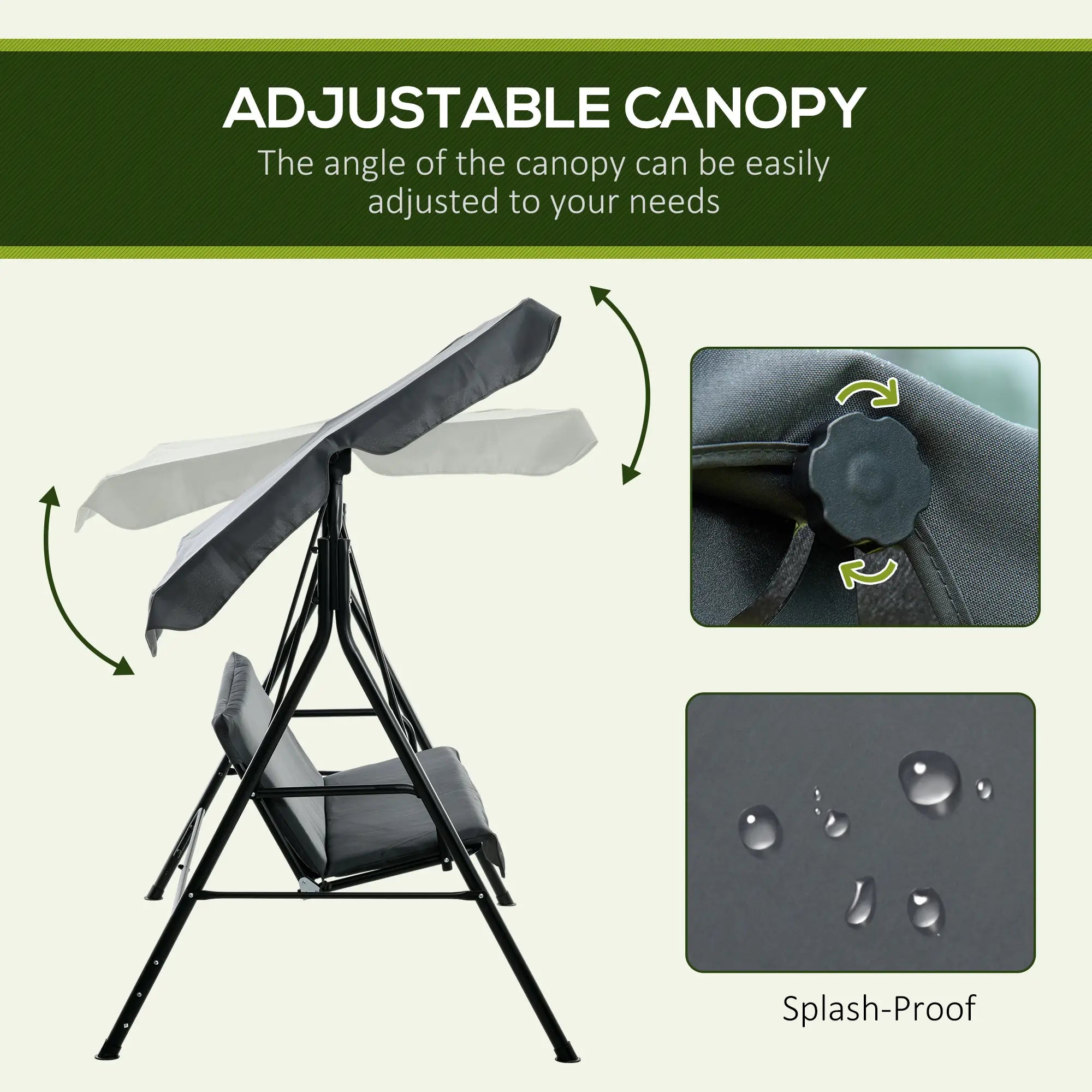 3-Seater Outdoor Porch Swing, Adjustable Canopy, Grey Porch Swings with Canopy at Gallery Canada