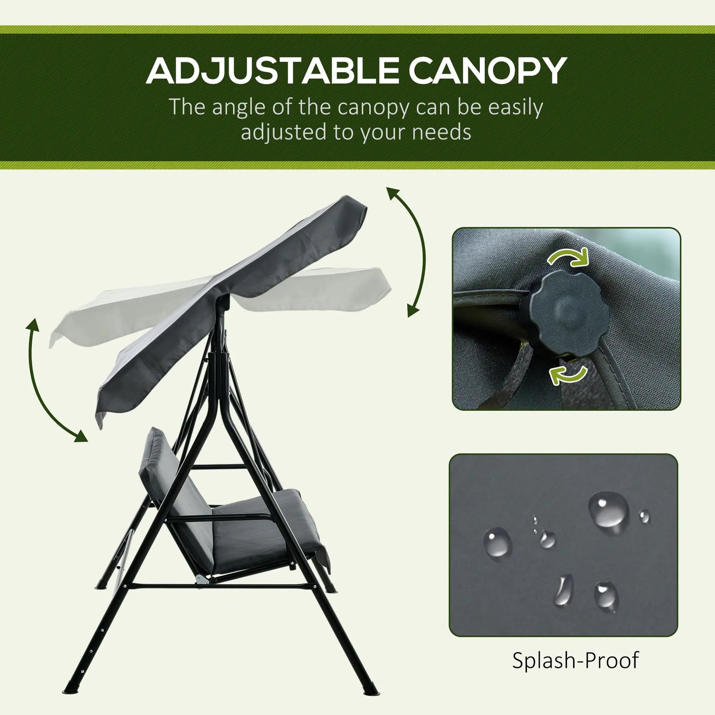 3-Seater Outdoor Porch Swing, Adjustable Canopy, Grey Porch Swings with Canopy at Gallery Canada