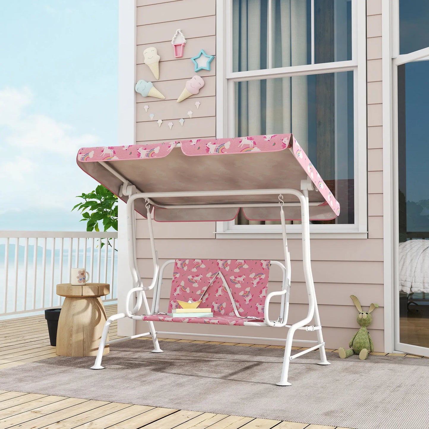 Kids Porch Swing, 2-Seater Bench With Safety Belts, Adjustable Canopy, Pink Gym Sets & Swings at Gallery Canada
