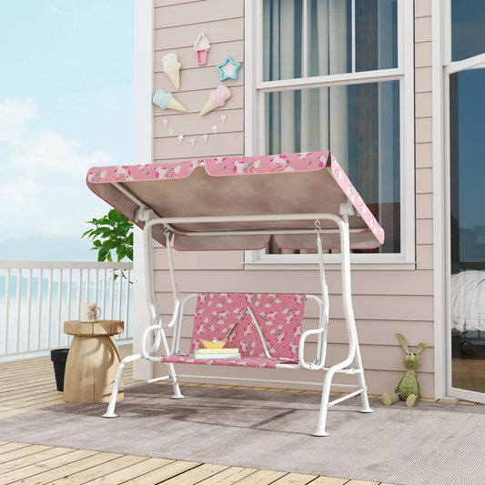 Kids Porch Swing, 2-Seater Bench With Safety Belts, Adjustable Canopy, Pink Gym Sets & Swings Pink, White at Gallery Canada