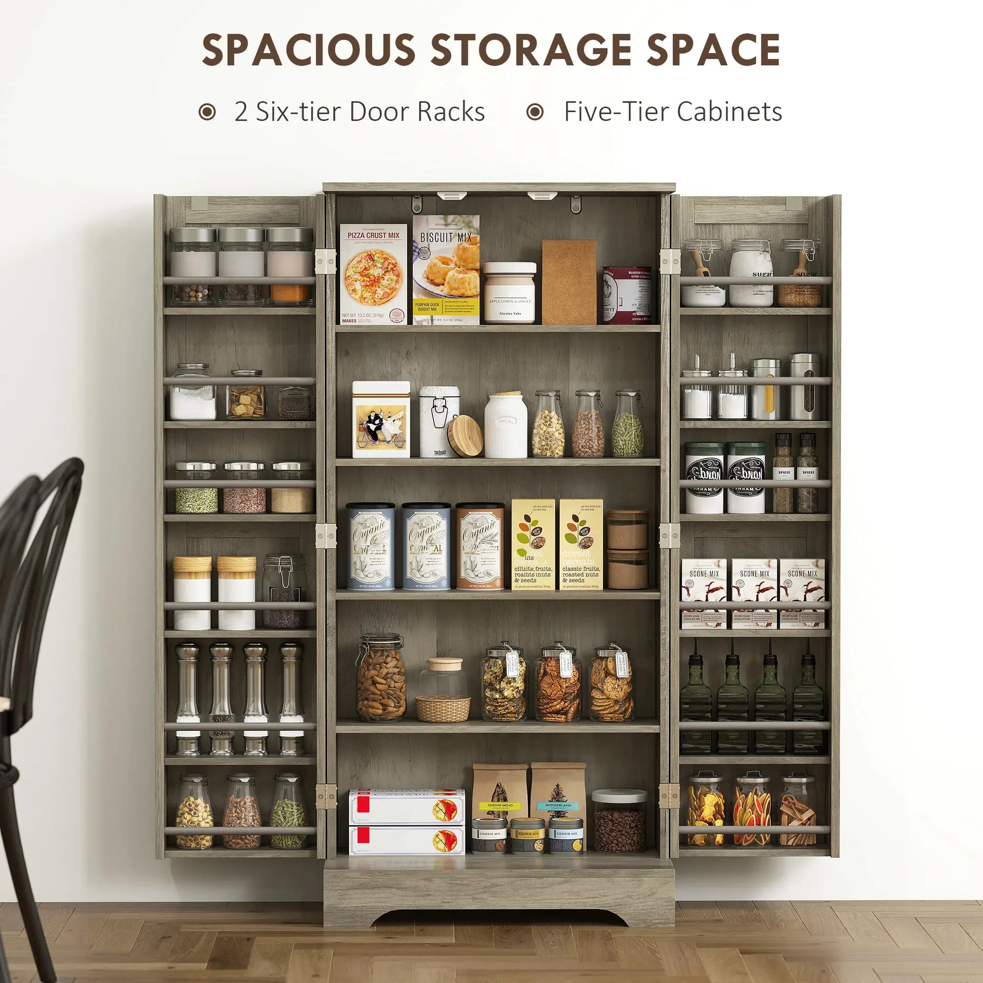 50" Pantry Storage Cabinet, Farmhouse Style, Adjustable Shelves, Distressed Grey, Grey Kitchen Pantry Cabinets at Gallery Canada