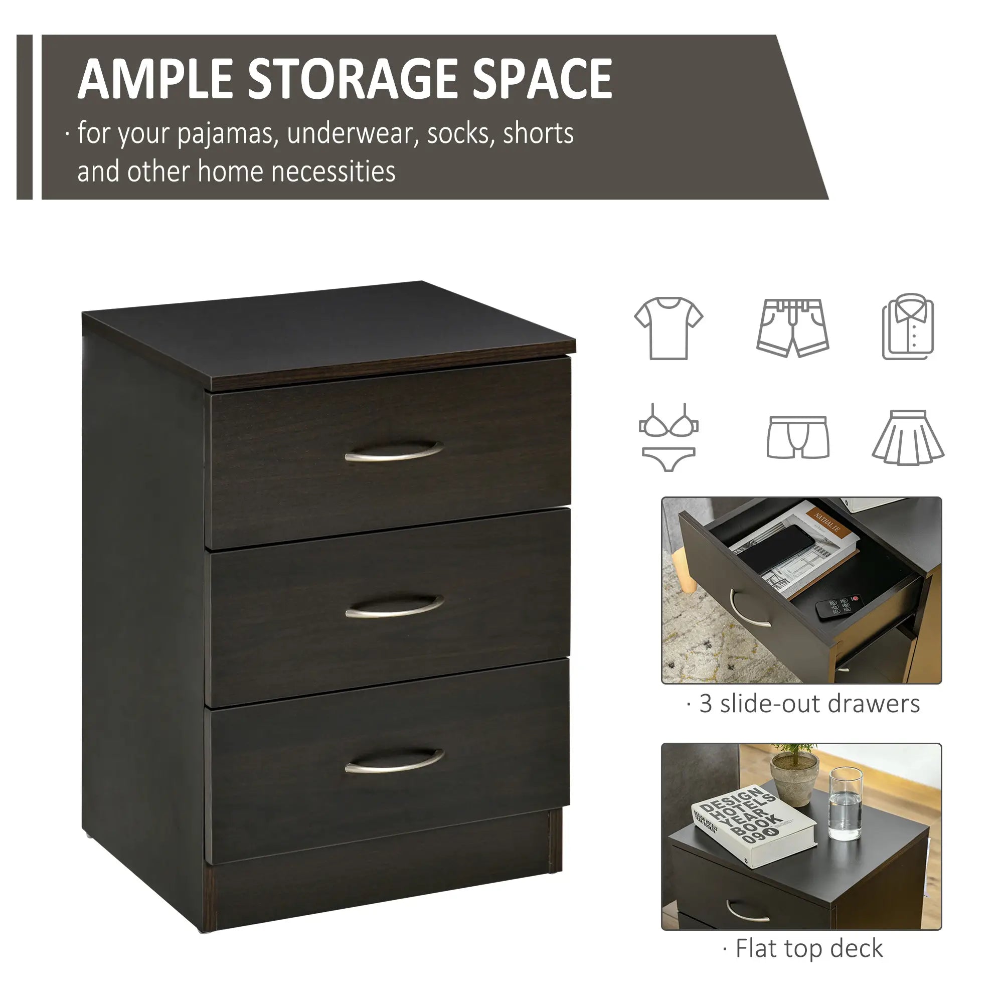 Modern Night Stand, 3 Drawers, Metal Rail, Dark Brown Bedside Tables at Gallery Canada