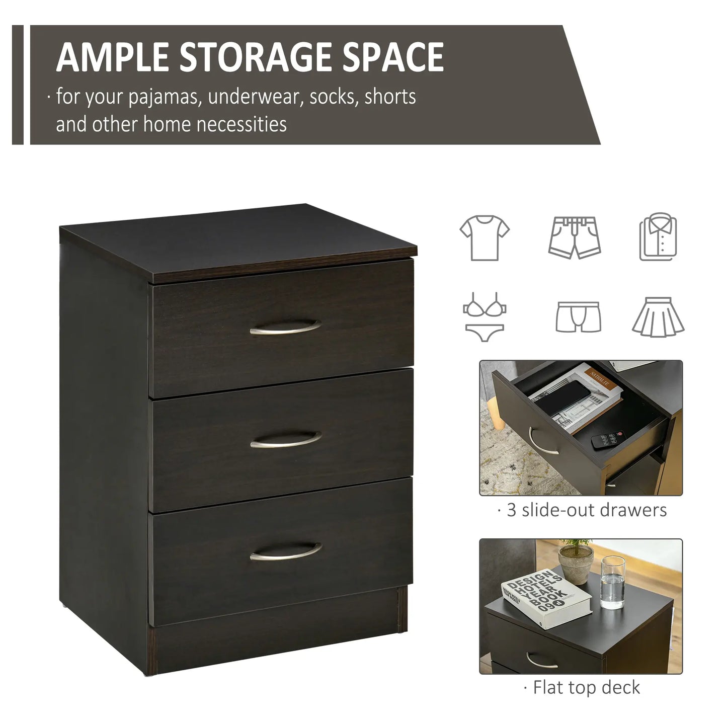 Modern Night Stand, 3 Drawers, Metal Rail, Dark Brown Bedside Tables at Gallery Canada