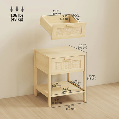 Narrow Nightstand With Rattan, Drawer And Shelf, Set Of 2, Natural Wood Bedside Tables at Gallery Canada