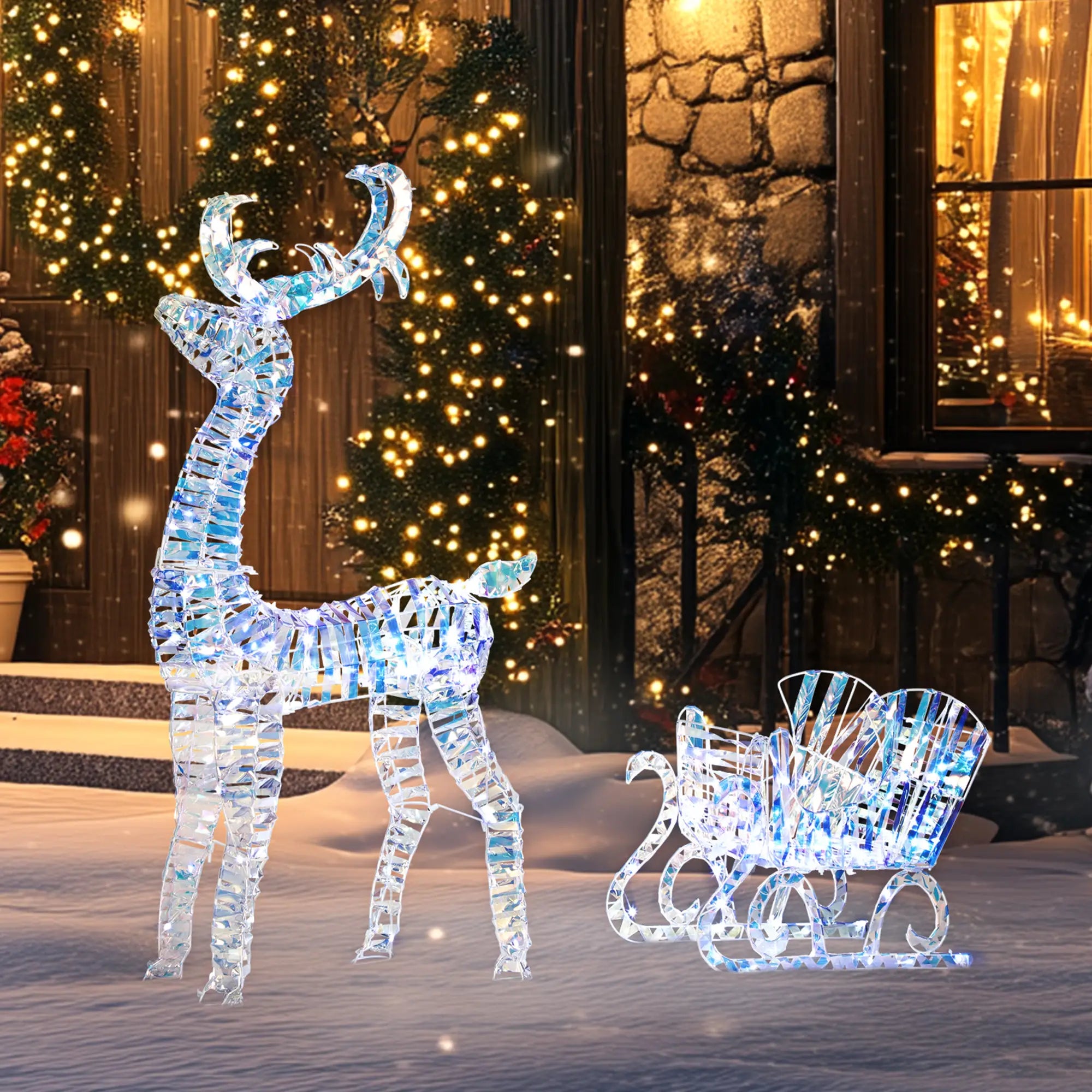 Lighted Christmas Reindeer with Sleigh, 170 LED Lights, Silver Christmas Deer Lights at Gallery Canada