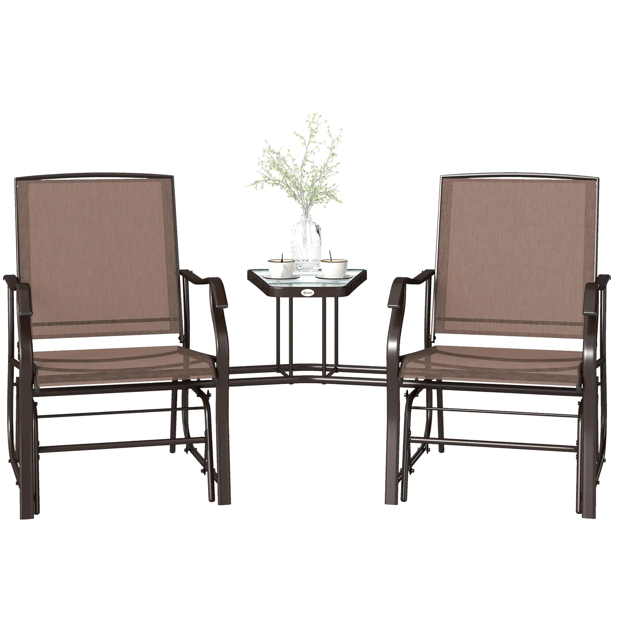 Double Glider Chair, Glass Top Table, High Back, Sling Fabric, Brown Outdoor Gliders at Gallery Canada