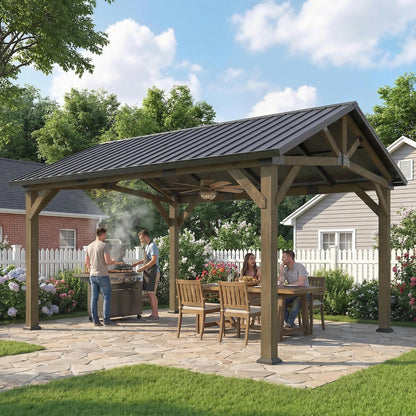 13' x 11' Hardtop Gazebo, Galvanised Metal Roof, Fir Wood Frame, Black Grey Gazebos at Gallery Canada