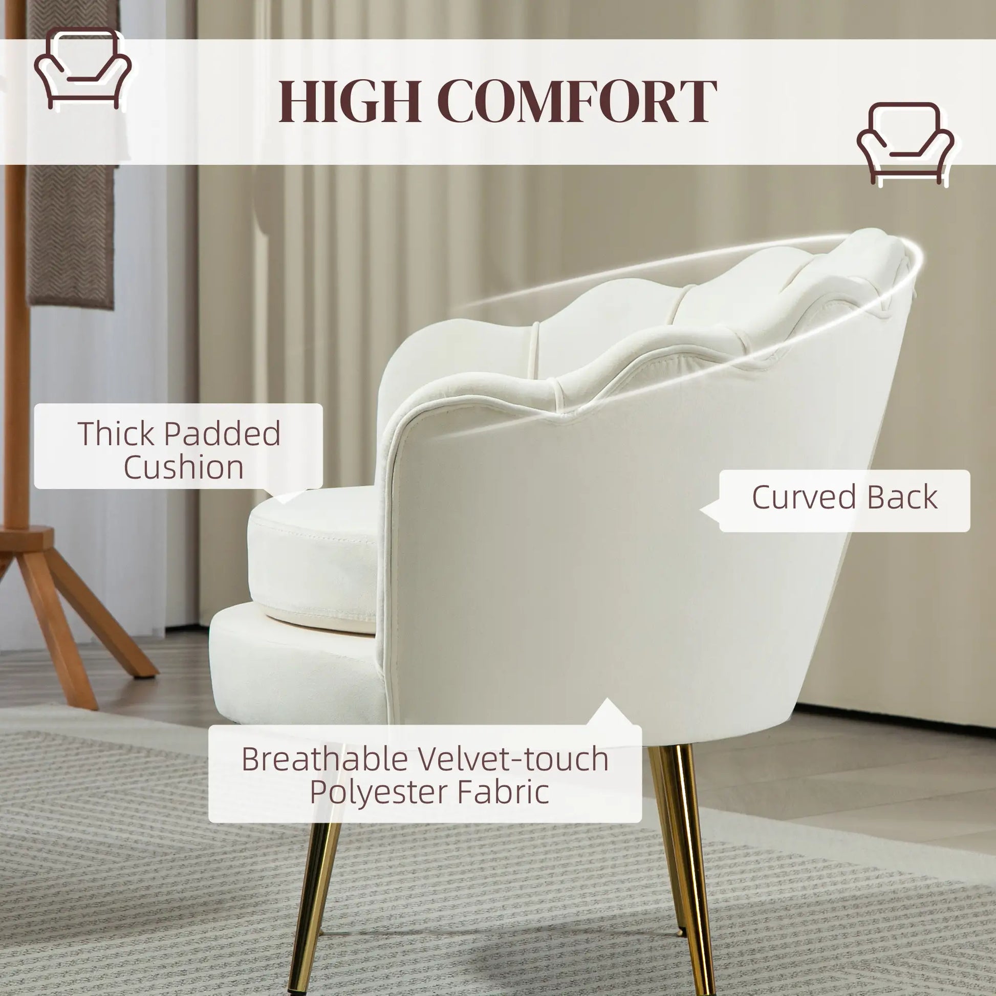 Modern Velvet Accent Chair, Gold Metal Legs, Cream White Accent Chairs at Gallery Canada