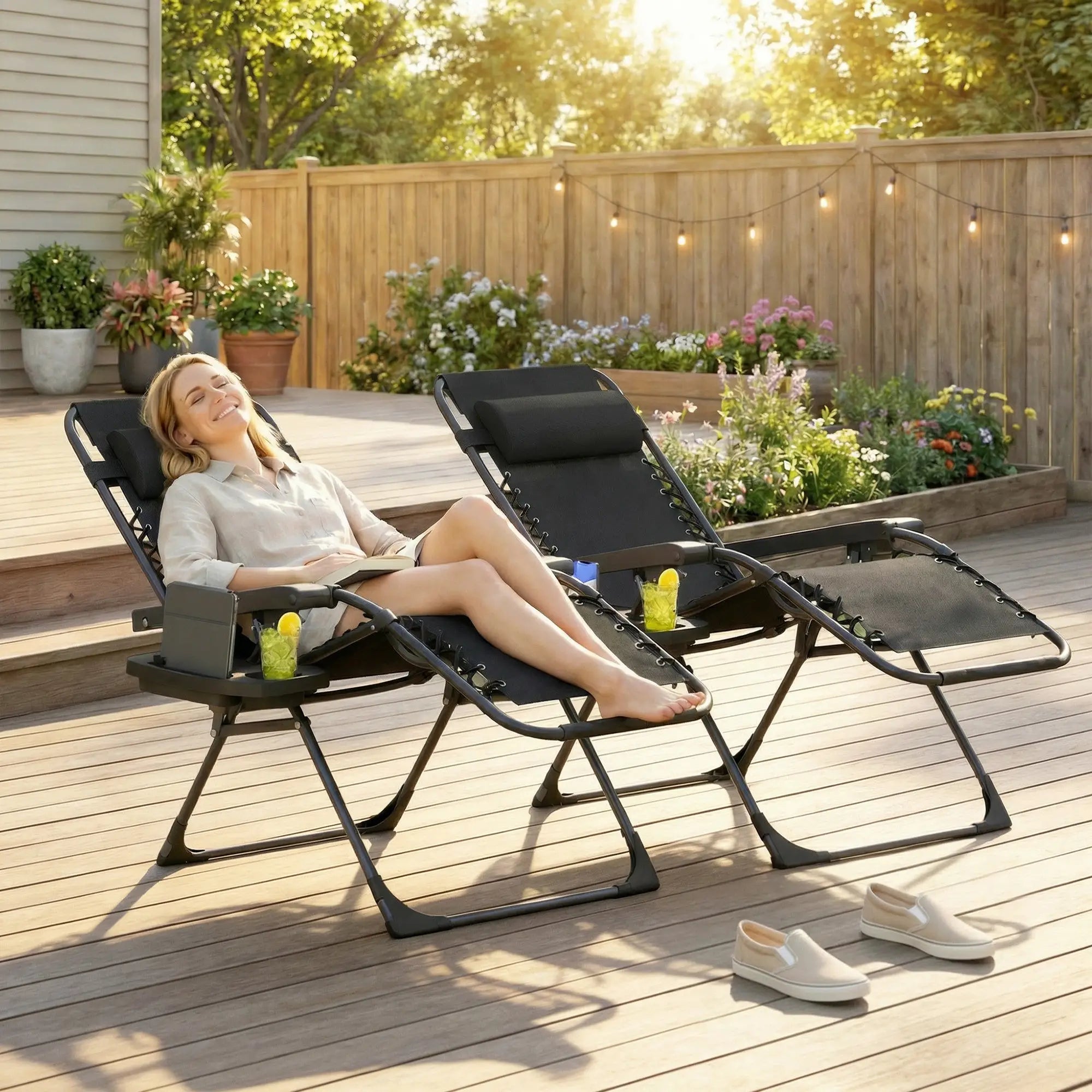 Zero Gravity Chair Set Of 2, Folding Reclining Outdoor Lounge Chair, Black Lounger Chairs at Gallery Canada