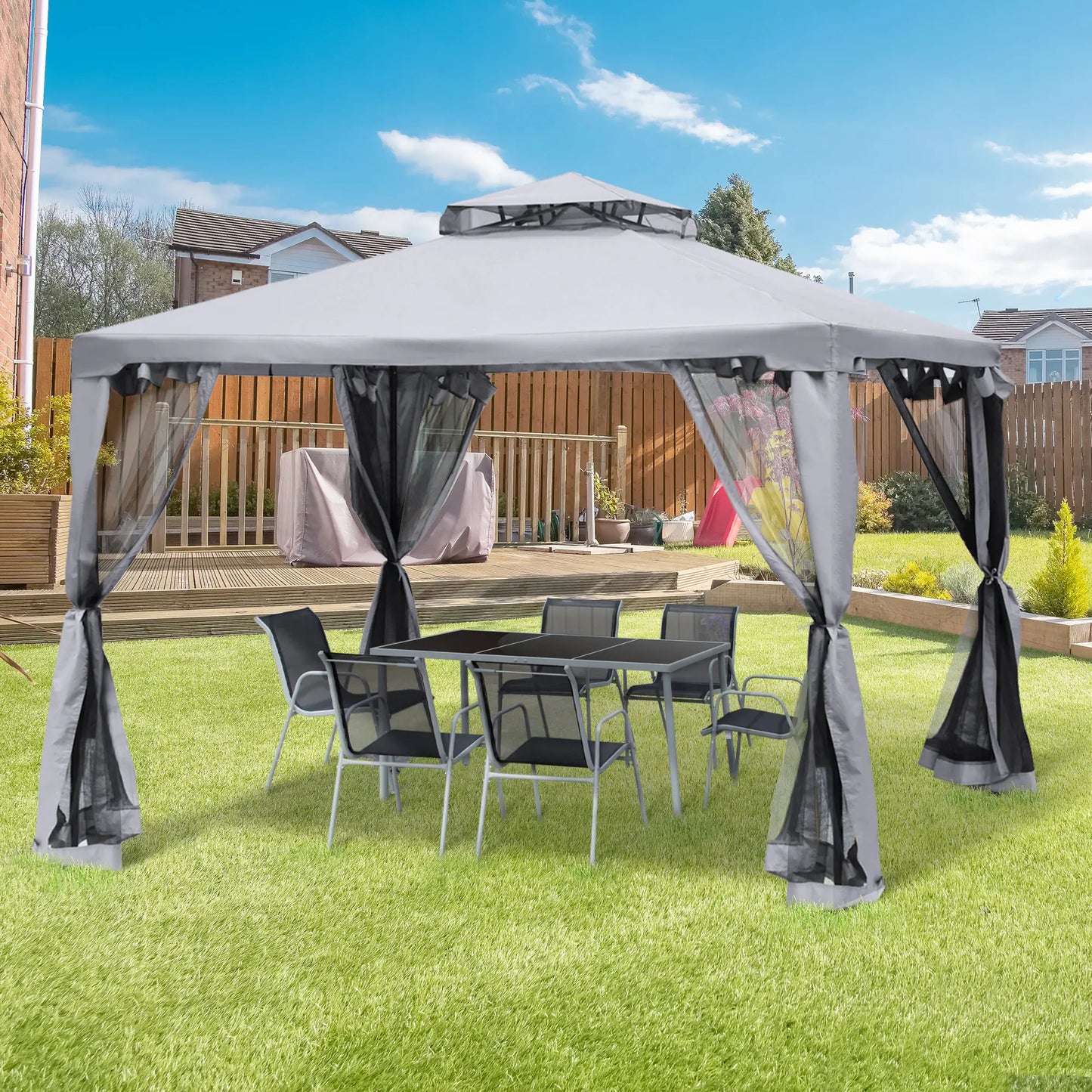 10' x 10' Gazebo, Steel Frame, Mosquito Netting, Grey Gazebos at Gallery Canada