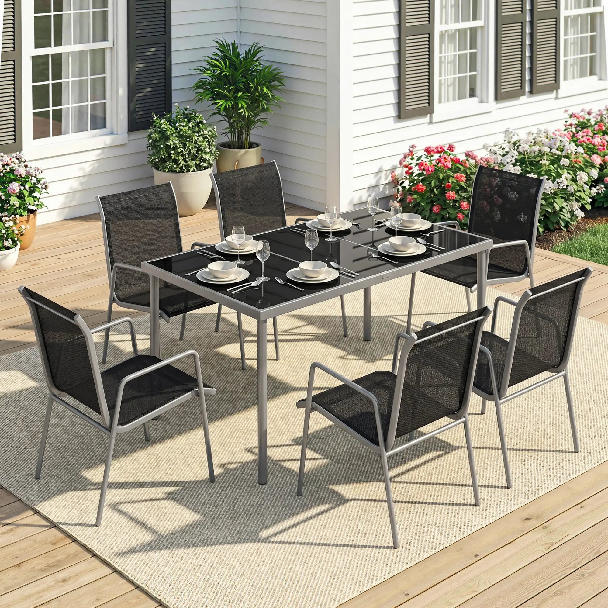 7 Piece Garden Dining Set With Rectangular Table & 6 Stackable Chairs Outdoor Dining Sets at Gallery Canada