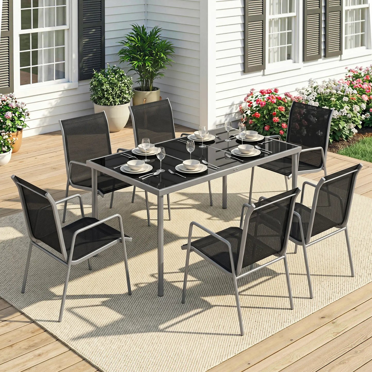 7 Piece Garden Dining Set With Rectangular Table & 6 Stackable Chairs Outdoor Dining Sets at Gallery Canada