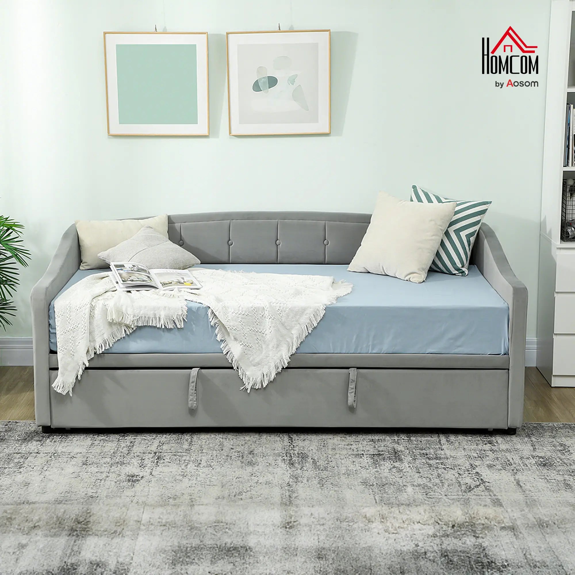 Upholstered Twin Size Trundle Bed, With Headboard And Pockets, Light Grey Bed Frames at Gallery Canada