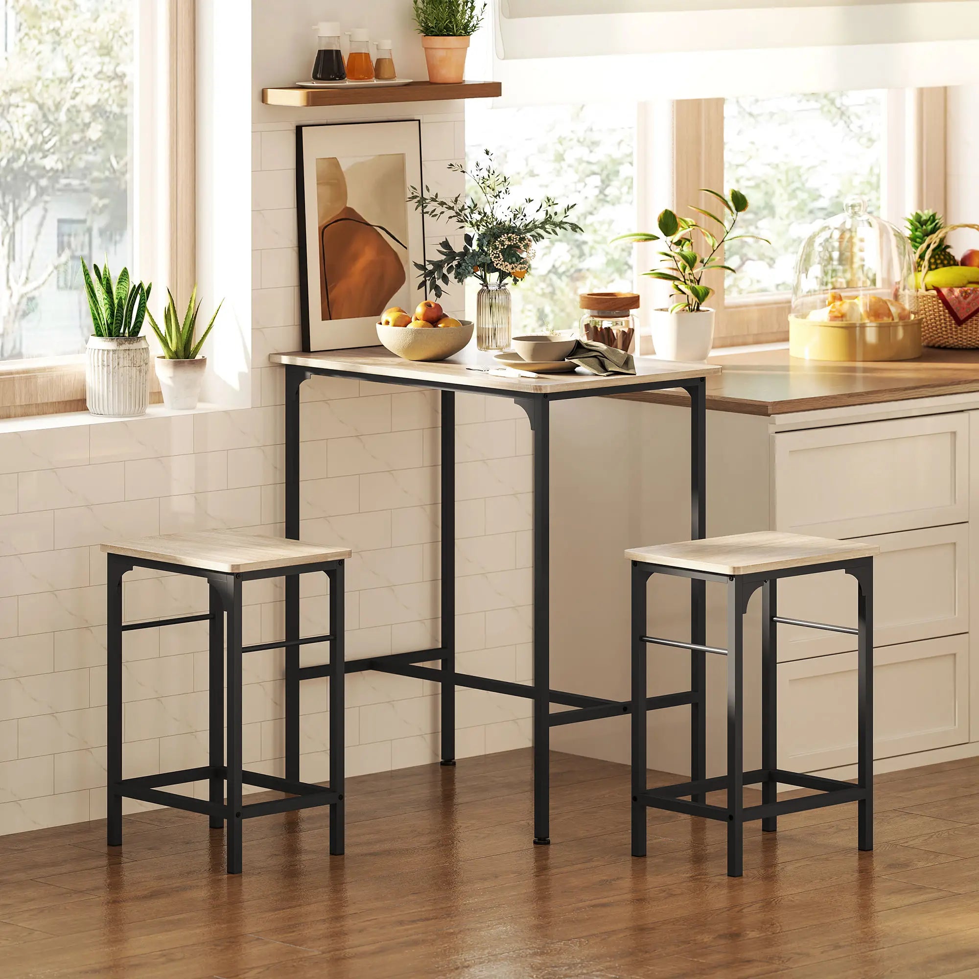 3-Piece Dining Table Set, 2 Stools, Natural Wood, Kitchen Living Room Bar Sets at Gallery Canada