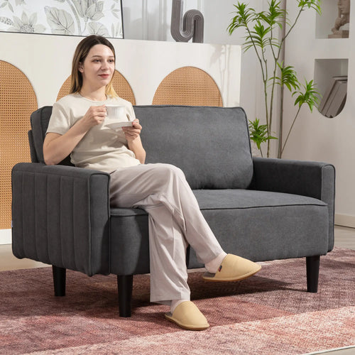 Linen Loveseat Sofa, 2 Seater with Thick Padded Seat, Dark Grey