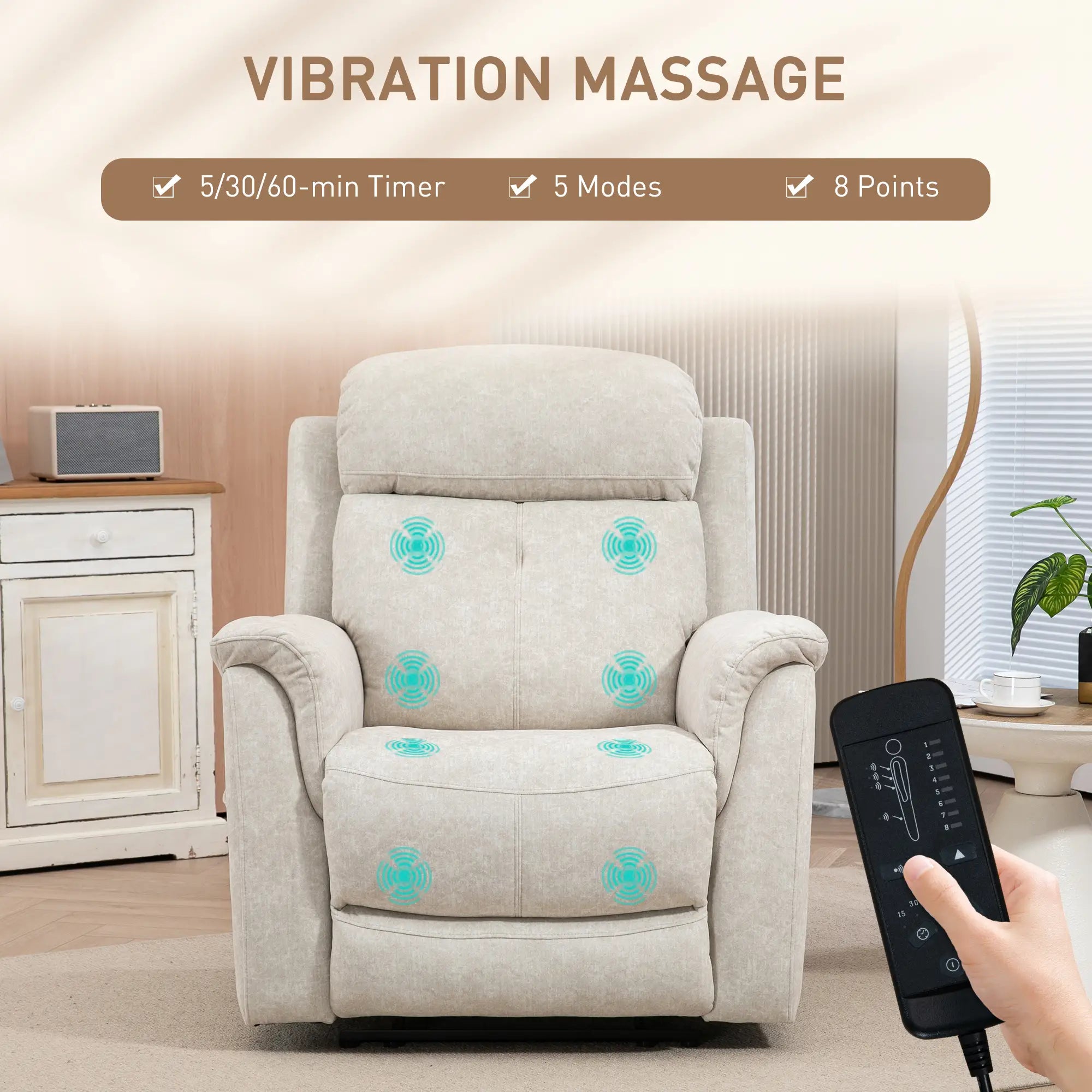 Manual Recliner Chair, Vibration Massage, Living Room, Side Pockets, Beige Single Sofas at Gallery Canada