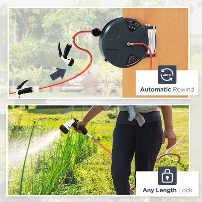 1/2" 49ft Retractable Hose Reel, 8 Pattern Nozzle, Auto Rewind Garden Accessories at Gallery Canada