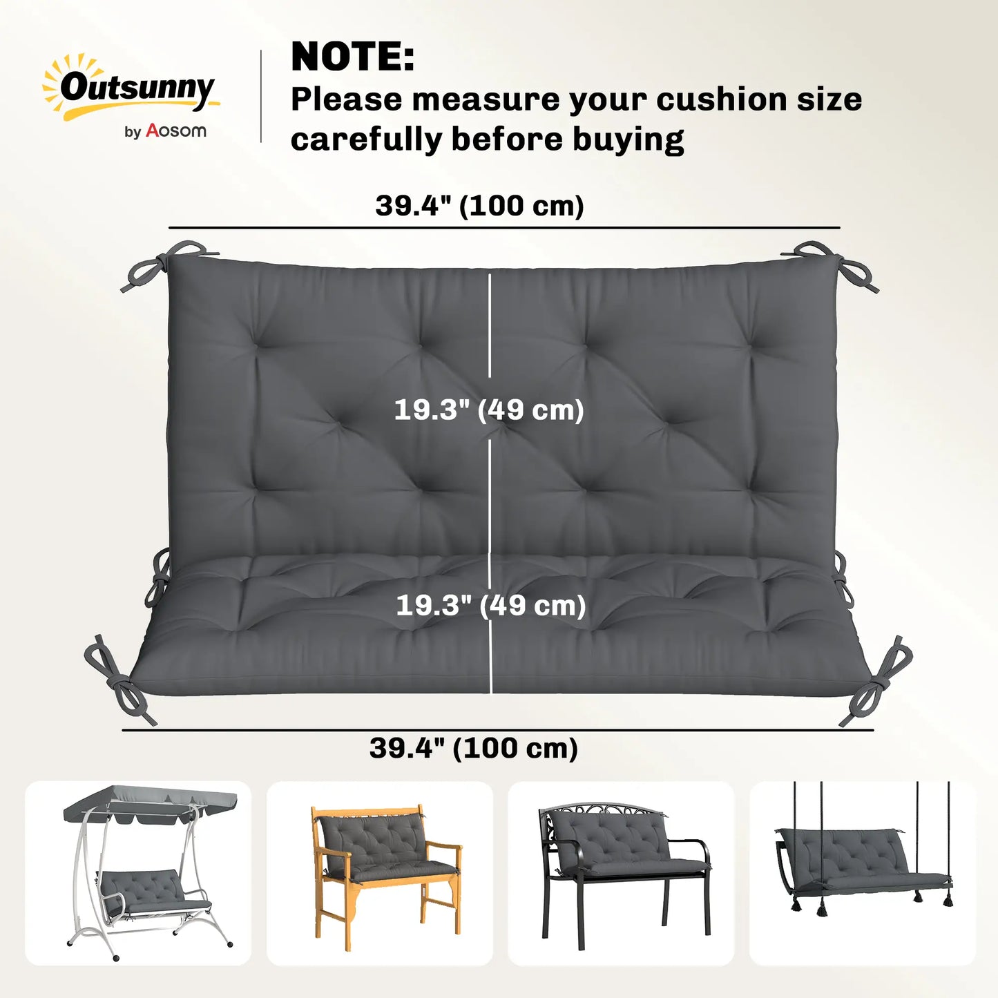 Porch Swing Cushion, Garden Bench Cushion with Backrest, Non-Slip, 39.4" x 38.6", Dark Grey Patio Chair Cushions at Gallery Canada