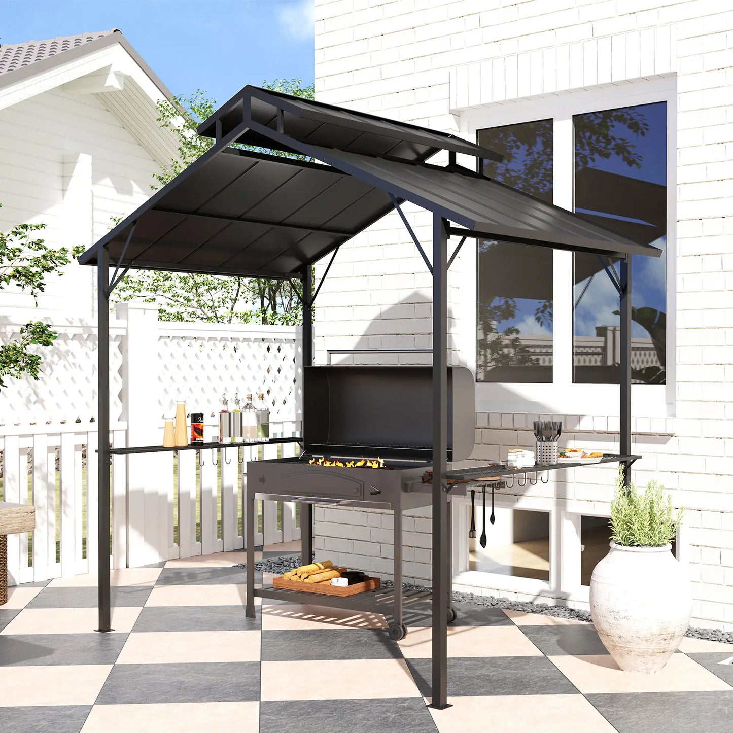 8 x 5ft Hardtop Grill Gazebo, Double Metal Roof, 2 Side Shelves, 10 Hooks BBQ Grill Gazebos at Gallery Canada