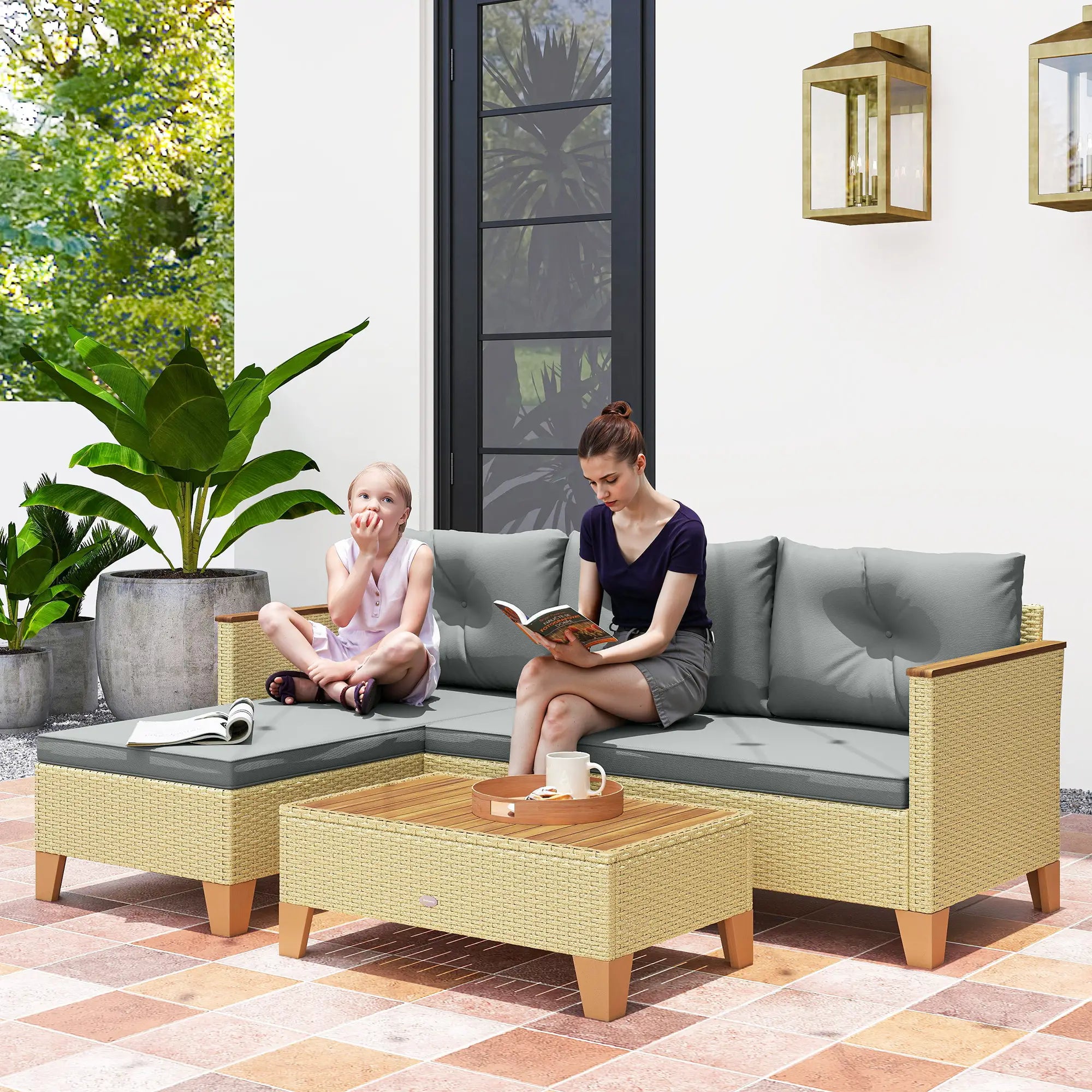 3 Piece L-Shaped Patio Set, Wood Top Coffee Table, Light Grey Patio Furniture Sets at Gallery Canada