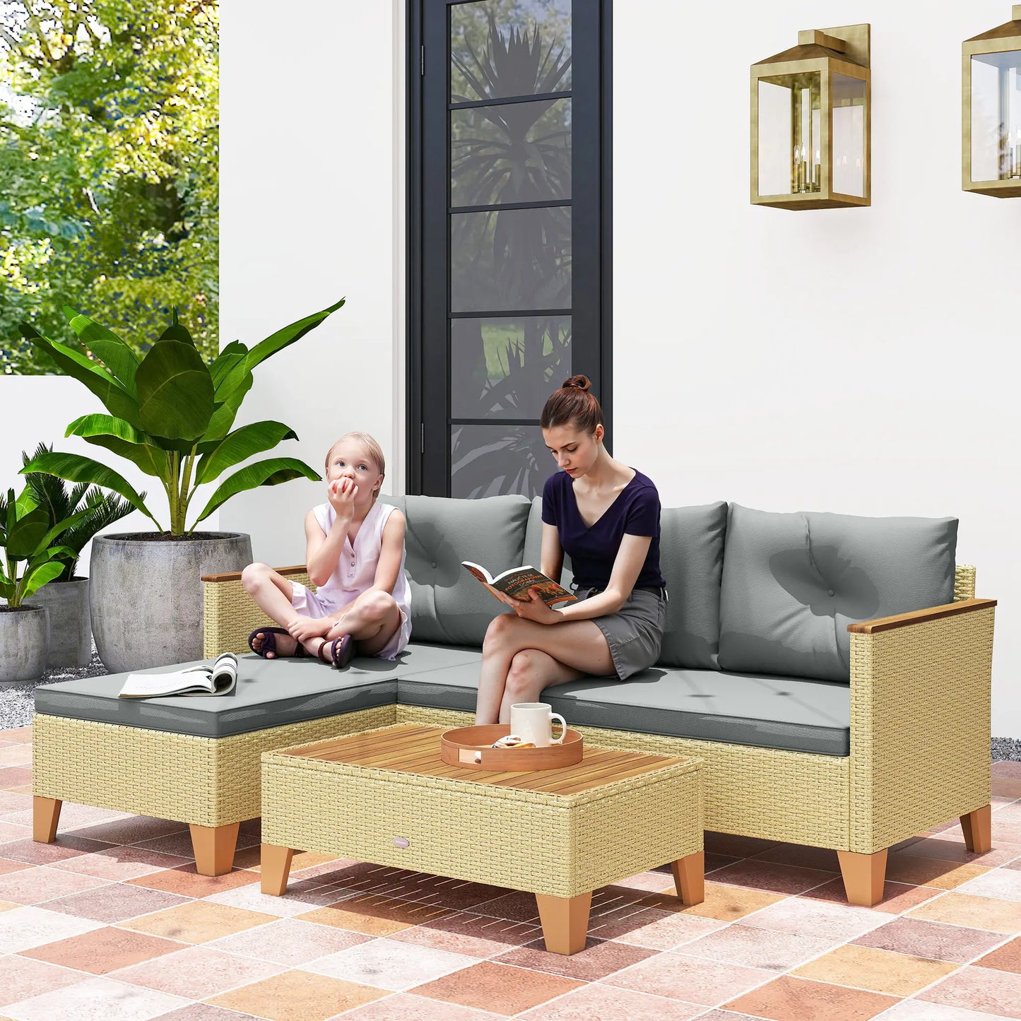 3 Piece L-Shaped Patio Set, Wood Top Coffee Table, Light Grey Patio Furniture Sets at Gallery Canada