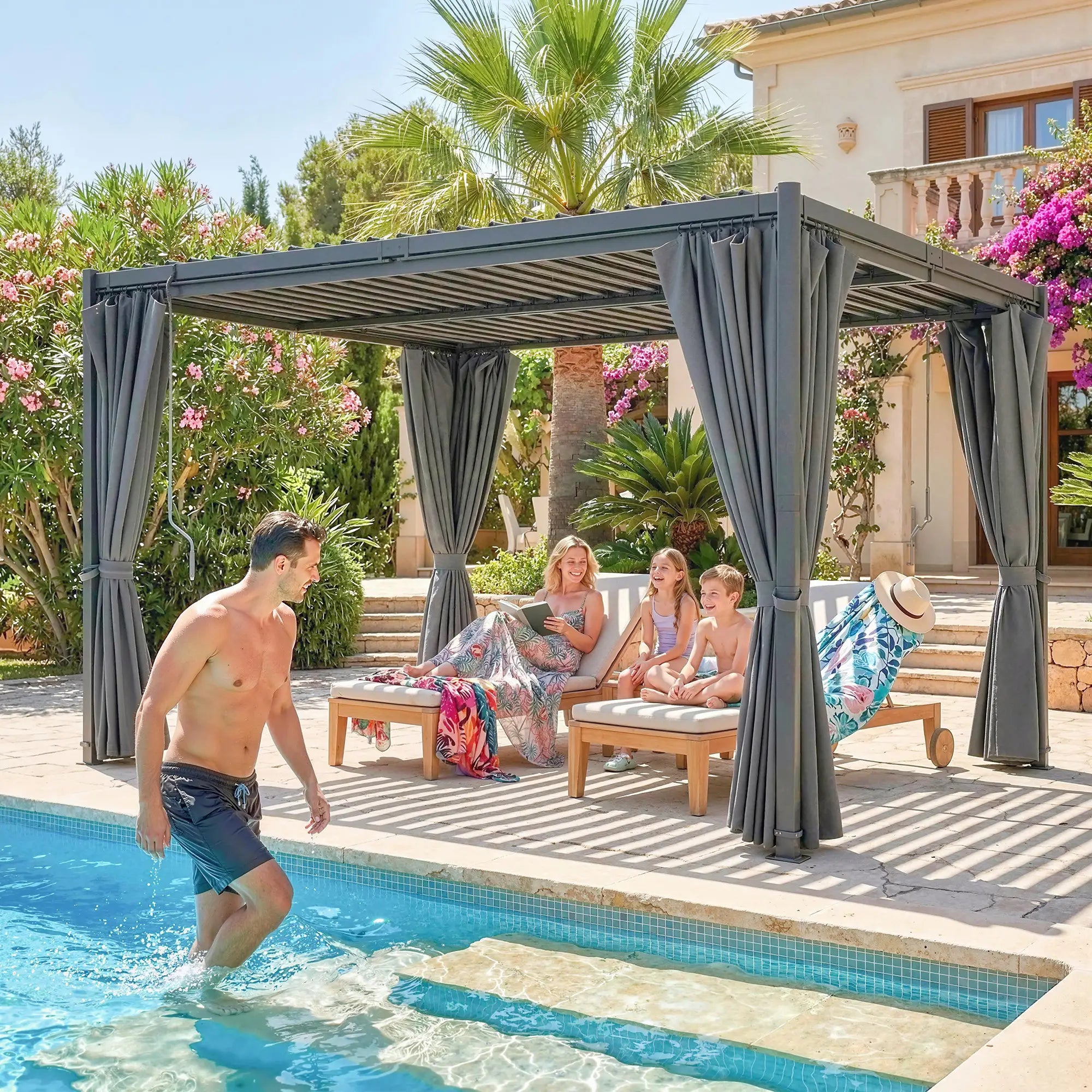 10 x 13 Ft Louvered Pergola With Steel Roof, Curtains, Grey Pergolas at Gallery Canada