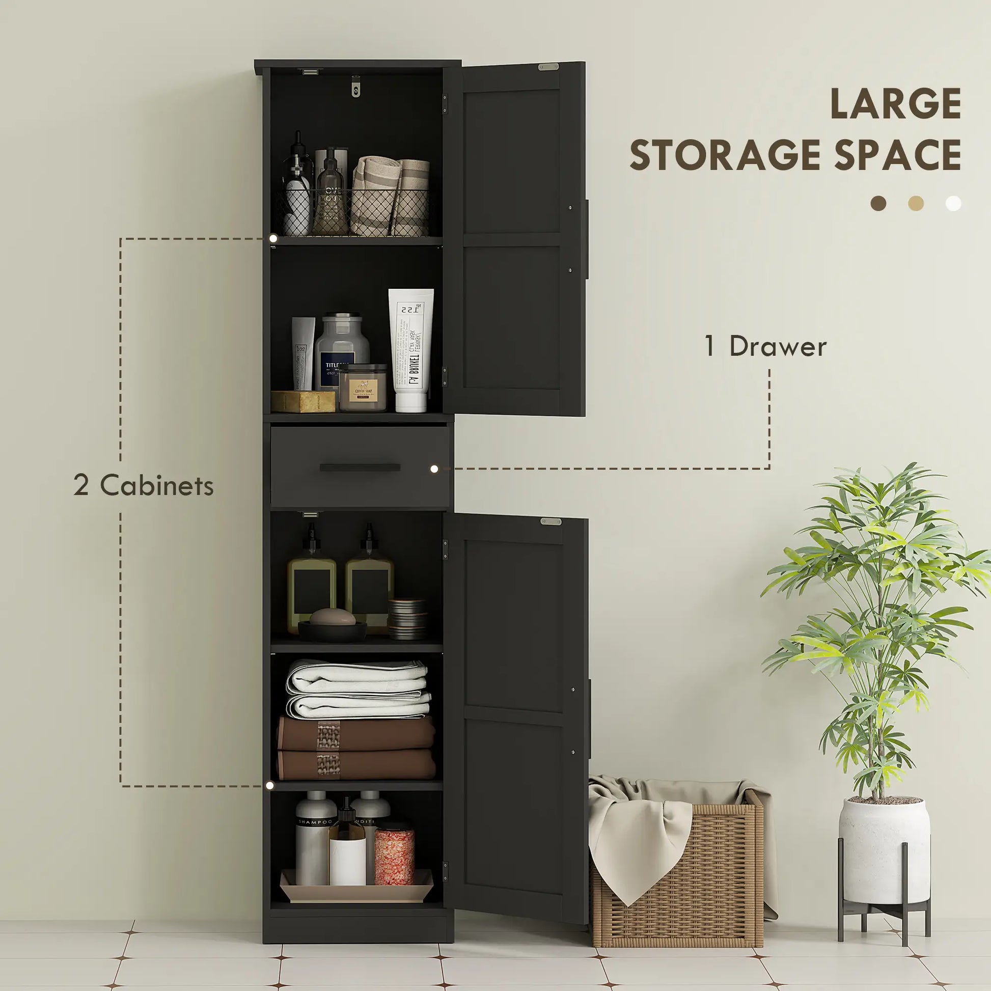 67" Tall Bathroom Cabinet, Narrow Storage with Drawer, Barn Doors, Adjustable Shelves, Black Bathroom Cabinets at Gallery Canada