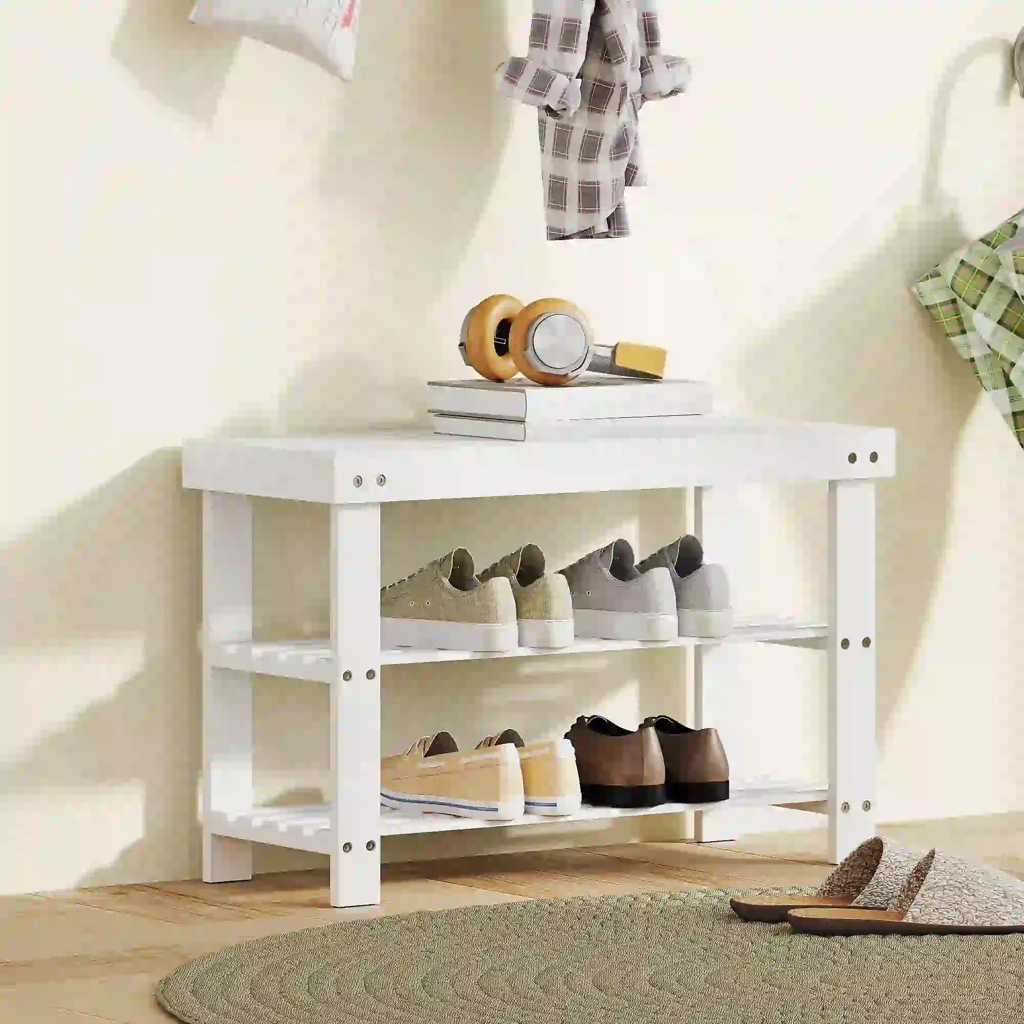Bamboo Shoe Storage Bench, 3-Tier, 2 Shelves, Holds 6 Pairs, White Shoe Storage Cabinets & Racks at Gallery Canada
