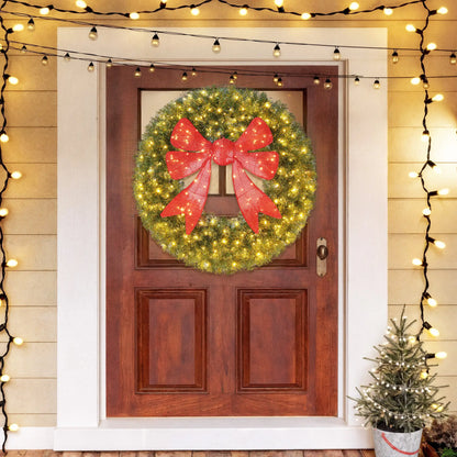 36in Pre-Lit Christmas Wreath, 3D Red Bow, 11 Lighting Modes, Remote, Red Christmas Wreaths at Gallery Canada