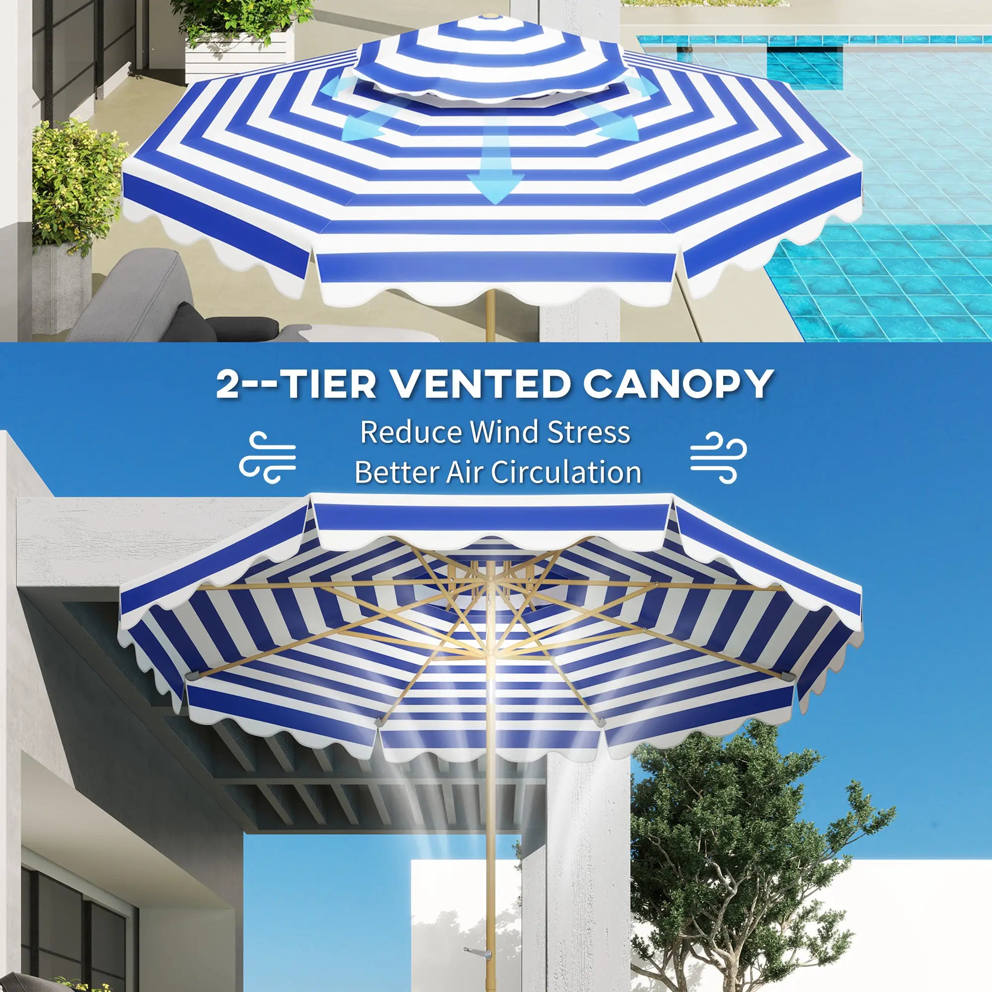 9FT Patio Umbrella, 8 Ribs, Crank, Tilt, UPF 50+, 2-Tier Vent, Blue Sun Umbrellas at Gallery Canada