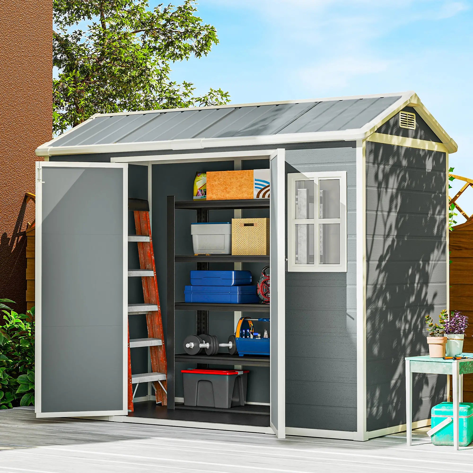 8 x 4 ft Plastic Garden Shed, Grey Wood-Effect Storage Shed, Grey Sheds at Gallery Canada