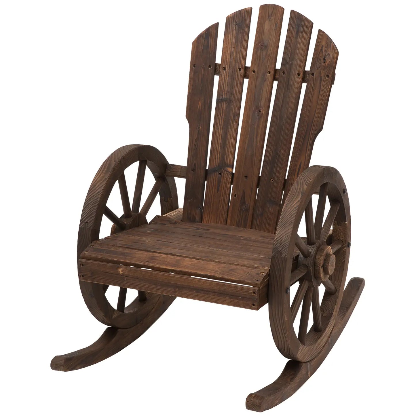 Wooden Rocking Chair, Outdoor Rocker with Slatted Design, Wheel Armrests, Carbonized Outdoor Rocking Chairs Carbonized Wood Colour at Gallery Canada