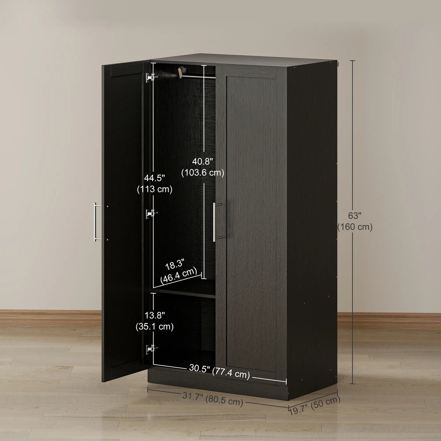 Modern Armoire Wardrobe Cabinet, 2 Doors With Hanging Rod, Black Wood Effect, Black