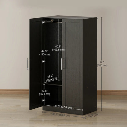 Modern Armoire Wardrobe Cabinet, 2 Doors With Hanging Rod, Black Wood Effect, Black