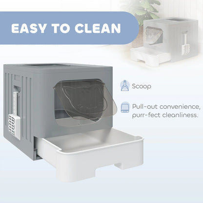 Foldable Cat Litter Box With Lid, Slide-Out Drawer, Scoop, Easy Clean, Grey Cat Litter Box Enclosures at Gallery Canada