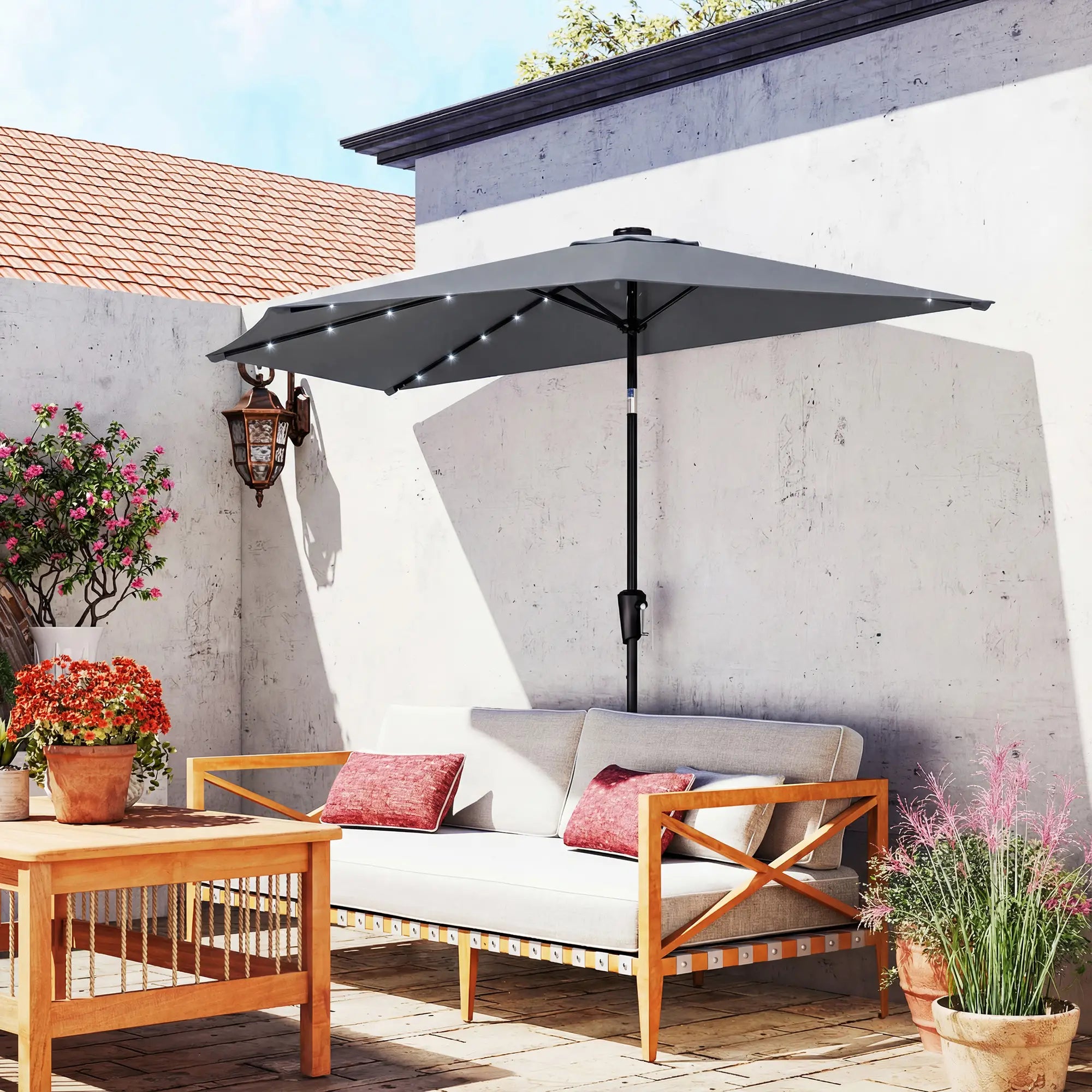 Half Patio Umbrella With Solar LED Lights, 9ft, Dark Grey Half Round Umbrellas at Gallery Canada