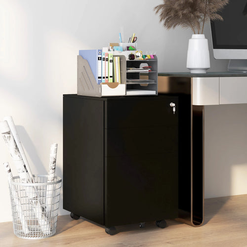 3-Drawer Steel Filing Cabinet on Wheels, Lockable, Adjustable Hanging Bar, Black